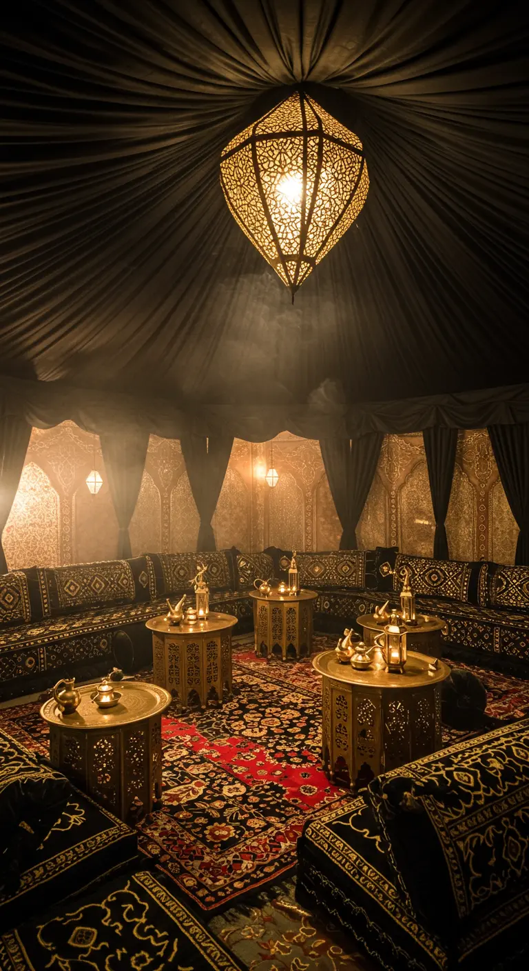 Intérieur d'une tente marocaine avec tissus noirs, tapis persans, coussins et lanternes.