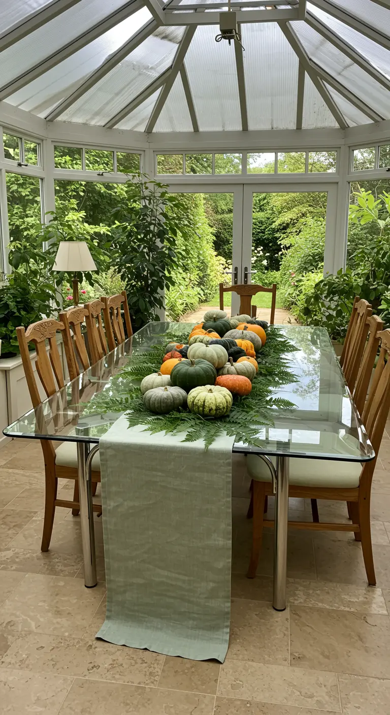 Table en verre avec chemin de table vert, fougères et courges variées.
