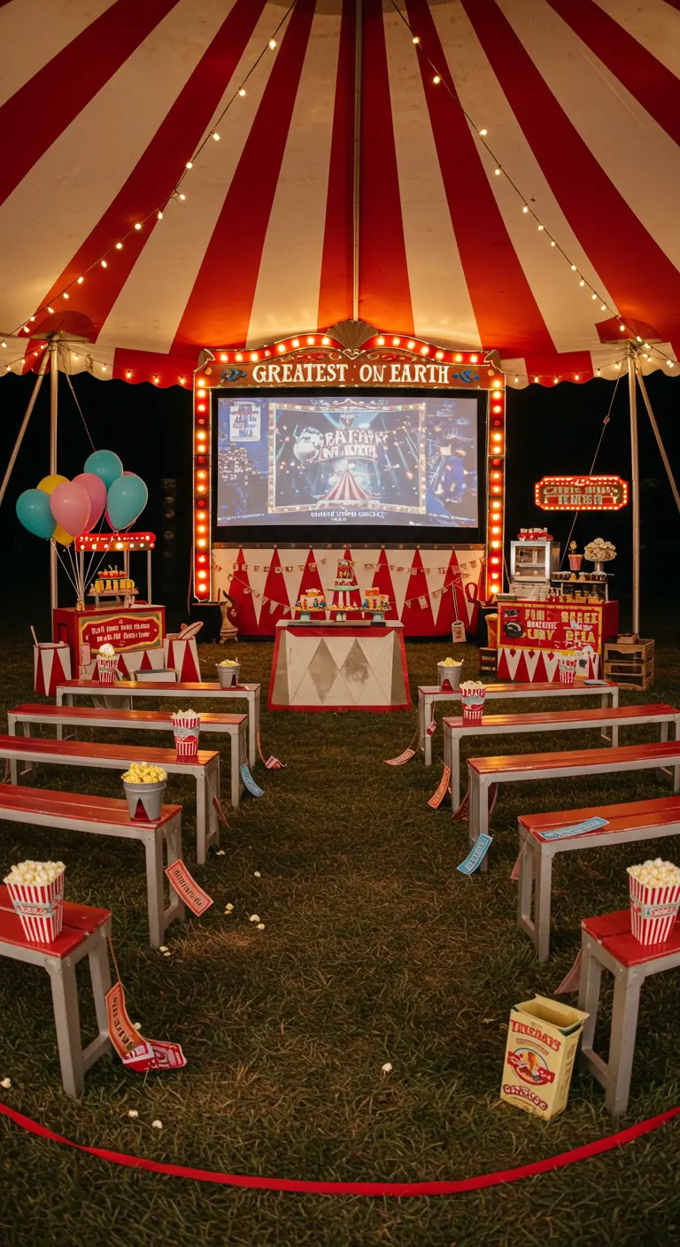 Cinéma en plein air sous un chapiteau de cirque rouge et blanc avec des guirlandes lumineuses.
