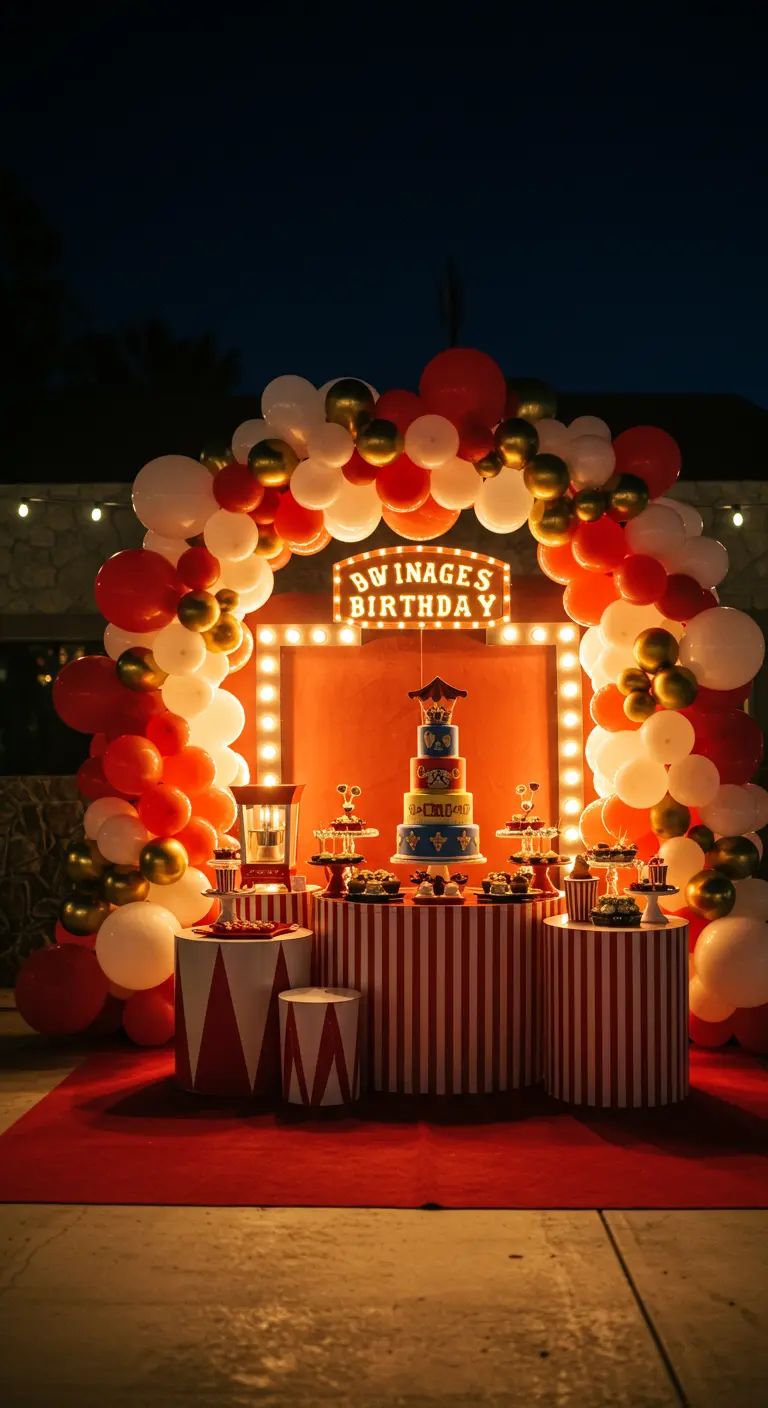 Arche de ballons rouge, blanc et or sur le thème du cirque avec des lumières.