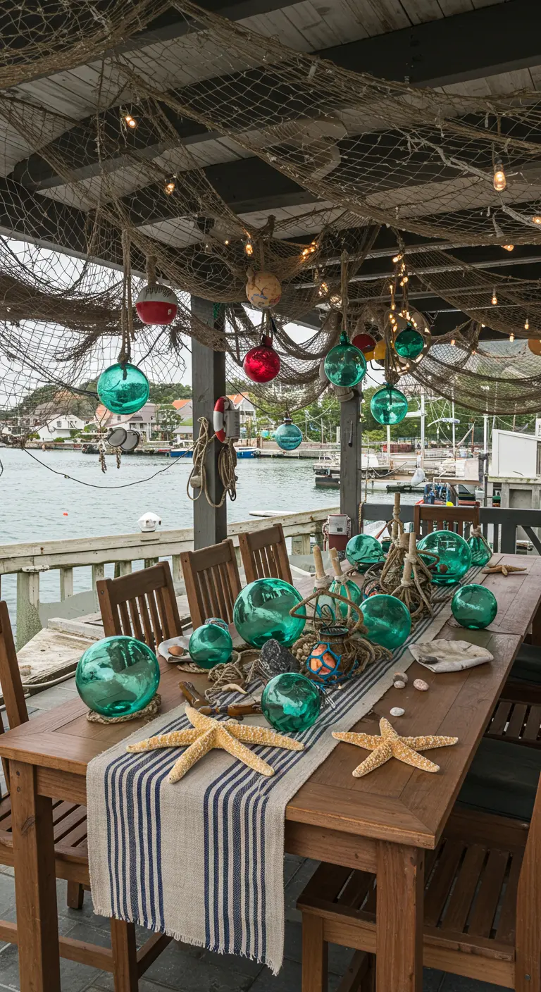 Table de dîner sous un filet de pêche décoré de flotteurs en verre et de lumières.