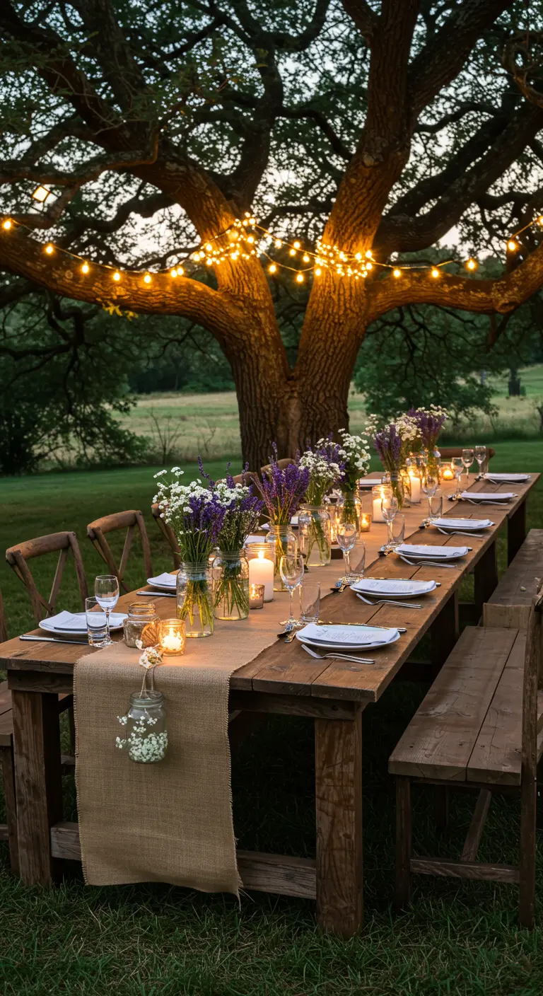 Longue table en bois sous un grand arbre illuminé de guirlandes au crépuscule.