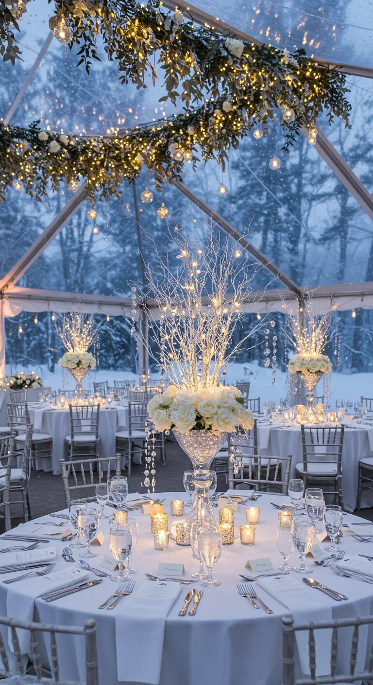Tables rondes dans une tente transparente enneigée, branches blanches illuminées et cristaux suspendus.