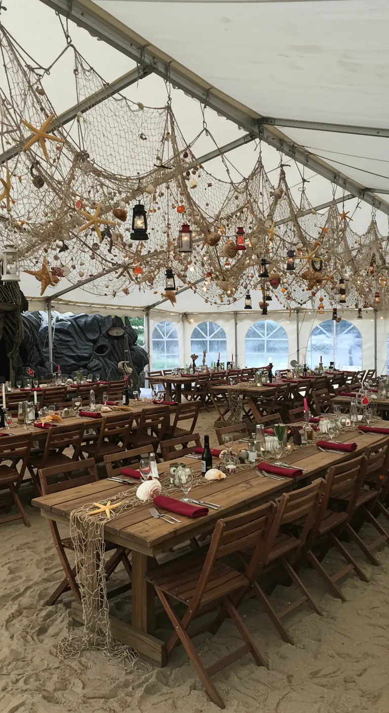 Tables de banquet sous une tente dont le plafond est couvert de filets de pêche et de lanternes.