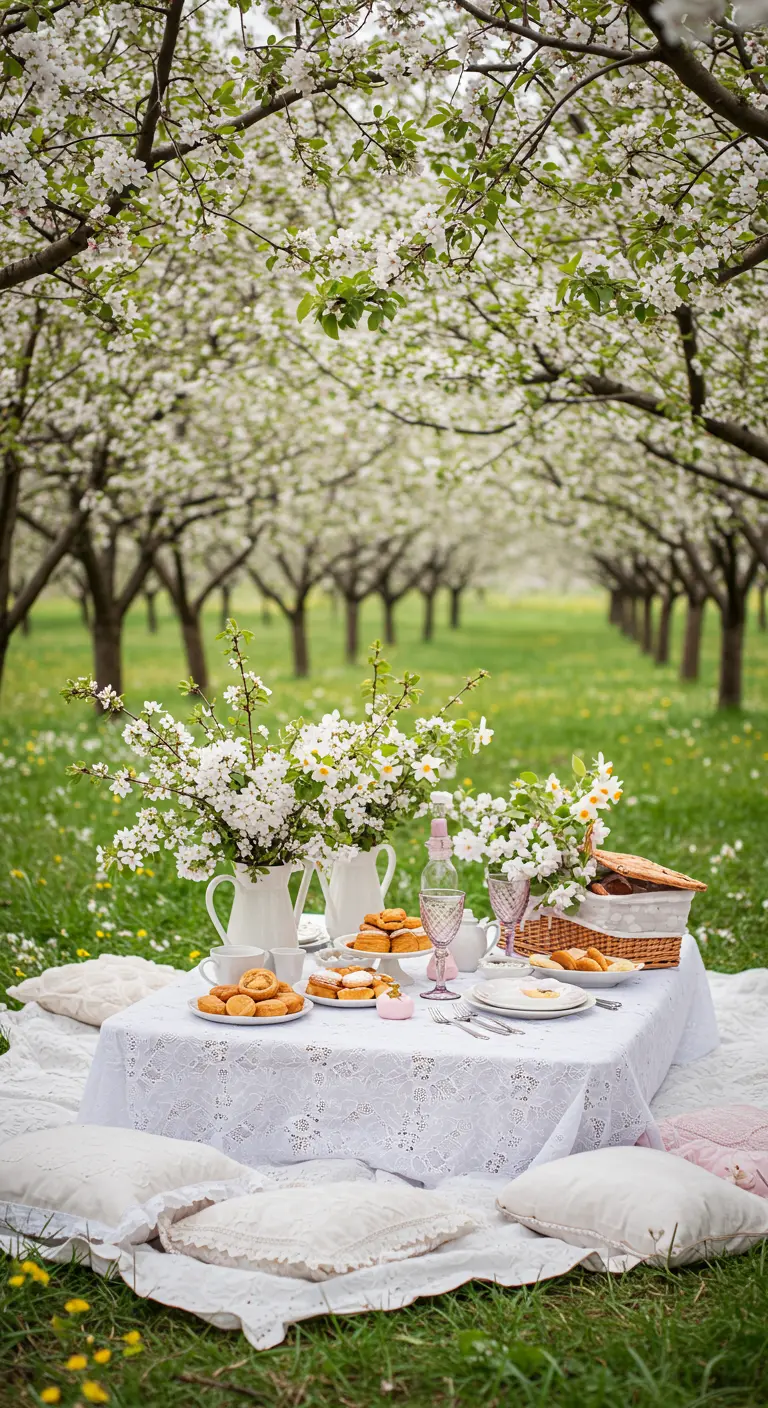 Pique-nique romantique sous les cerisiers en fleurs avec nappe en dentelle blanche et bouquets de fleurs blanches.