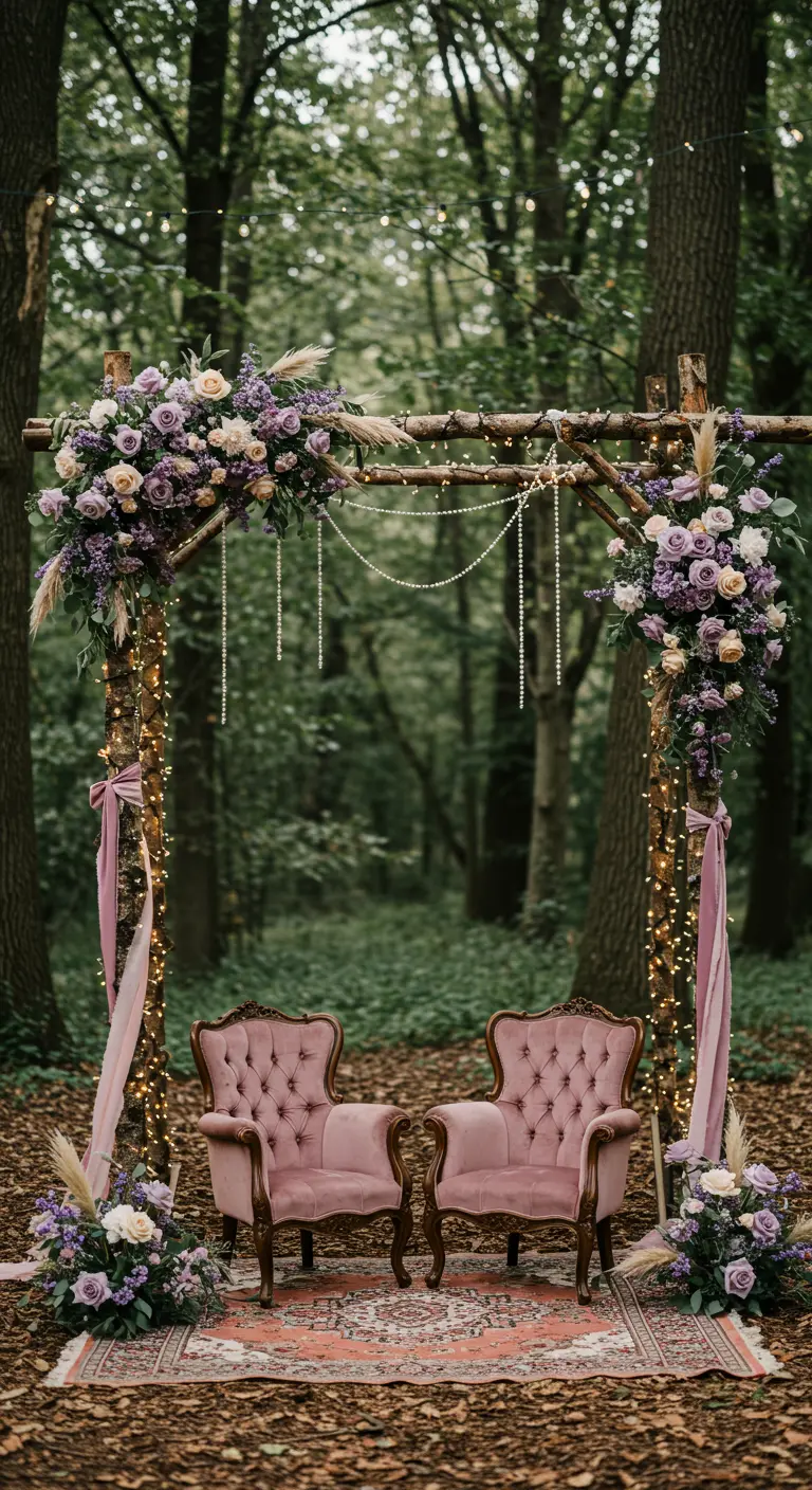Arche rustique en bois dans une forêt, décorée de fleurs lavande et blush, lumières féeriques, chaises velours rose.