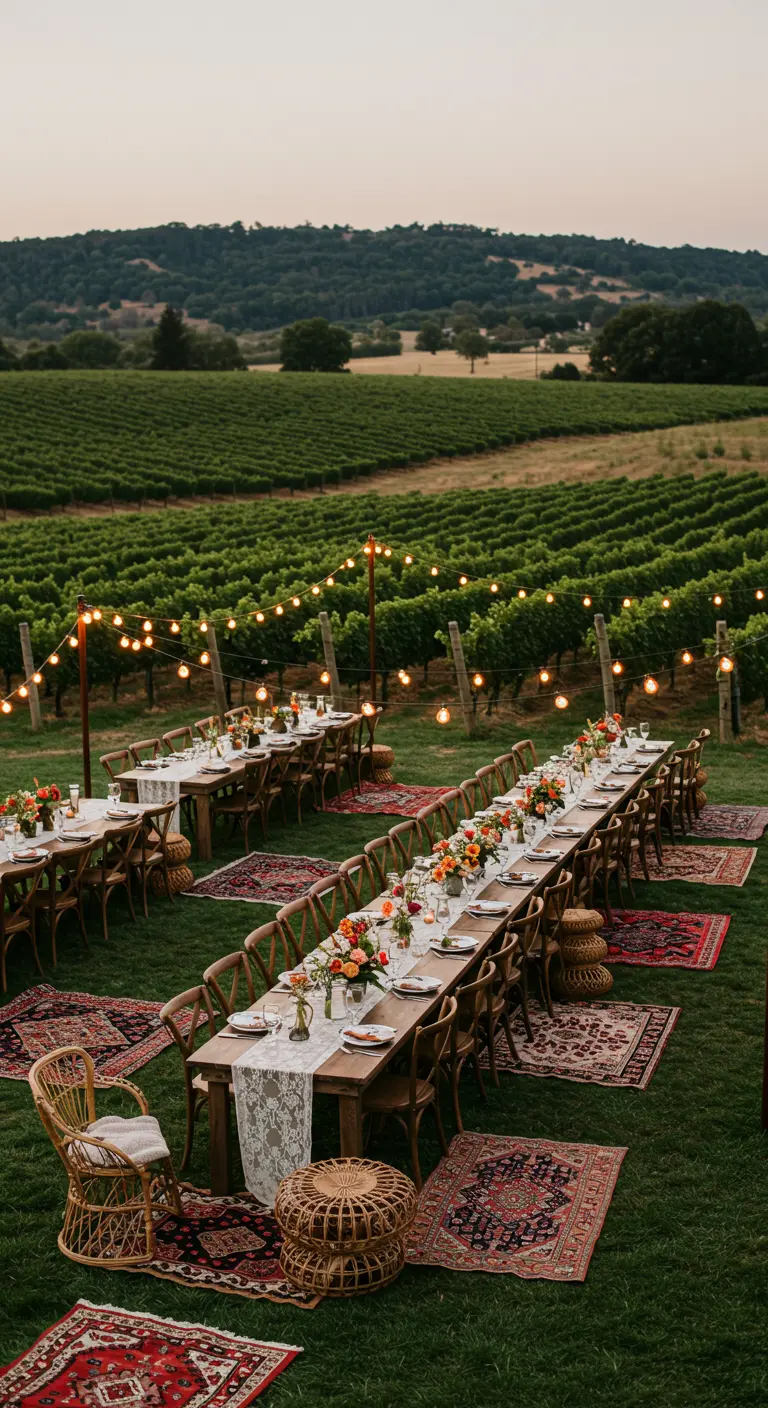Réception de mariage bohème dans un vignoble avec longues tables en bois, tapis orientaux et guirlandes lumineuses.