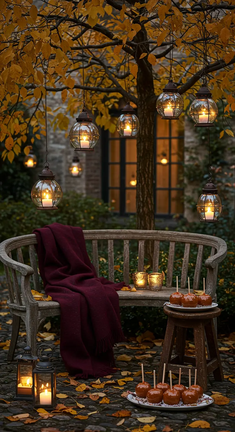 Banc en bois sous un arbre d'où pendent des lanternes allumées, créant une ambiance féerique.