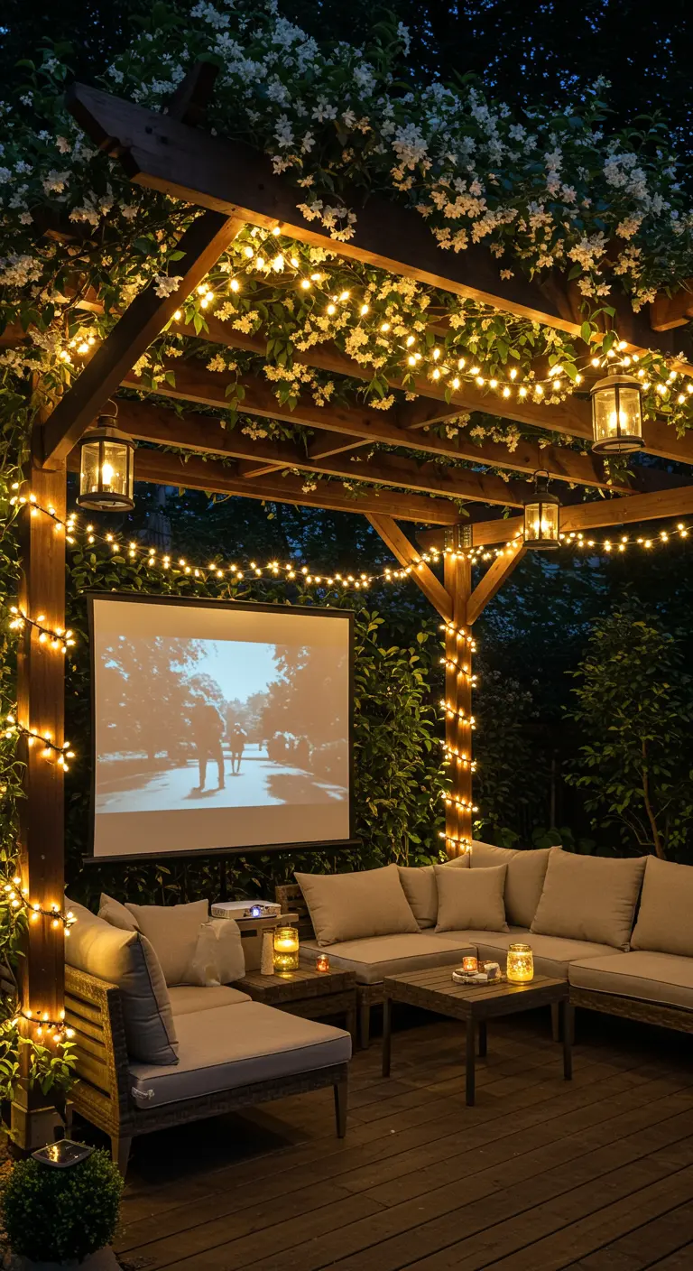 Pergola en bois illuminée de guirlandes, avec un salon de jardin confortable et un écran.