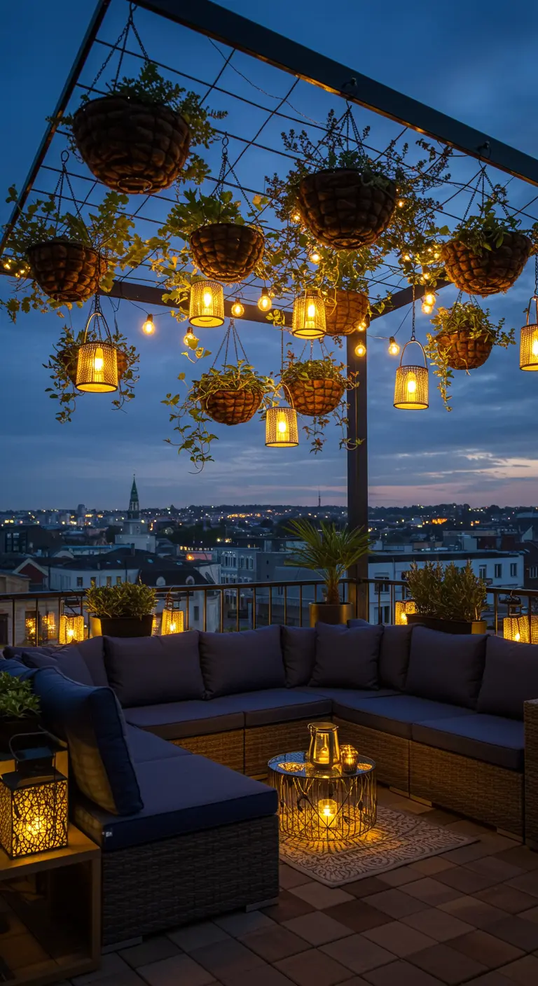 Rooftop la nuit avec un grand canapé, des paniers suspendus et des lumières chaudes.