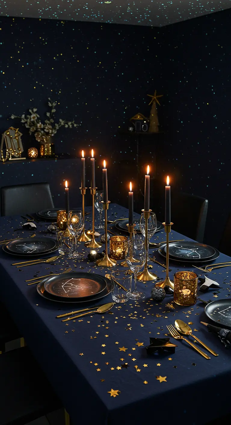 Table de fête bleu nuit, vaisselle à constellations, confettis étoiles dorées.