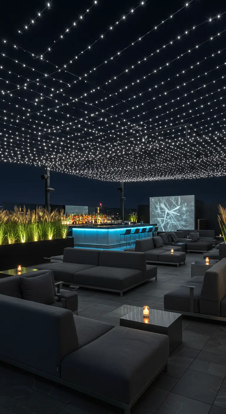 Rooftop de nuit avec un plafond de guirlandes LED blanches, un bar néon bleu et des canapés modernes.
