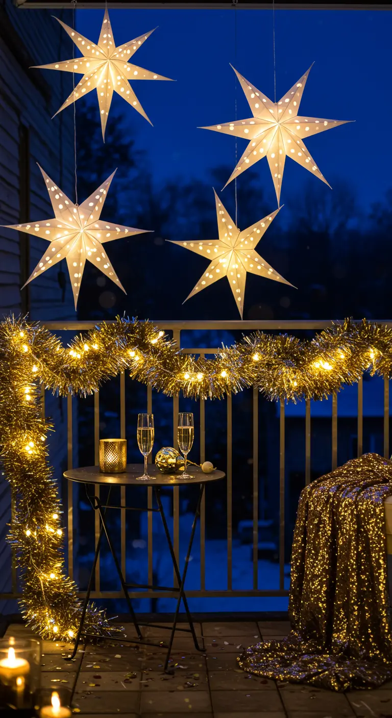 Balcon décoré pour le Nouvel An avec des étoiles lumineuses et du champagne.