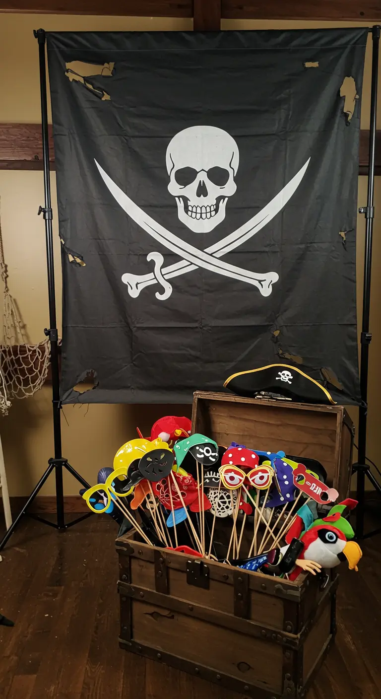 Photobooth pirate avec drapeau à tête de mort et coffre rempli d'accessoires.