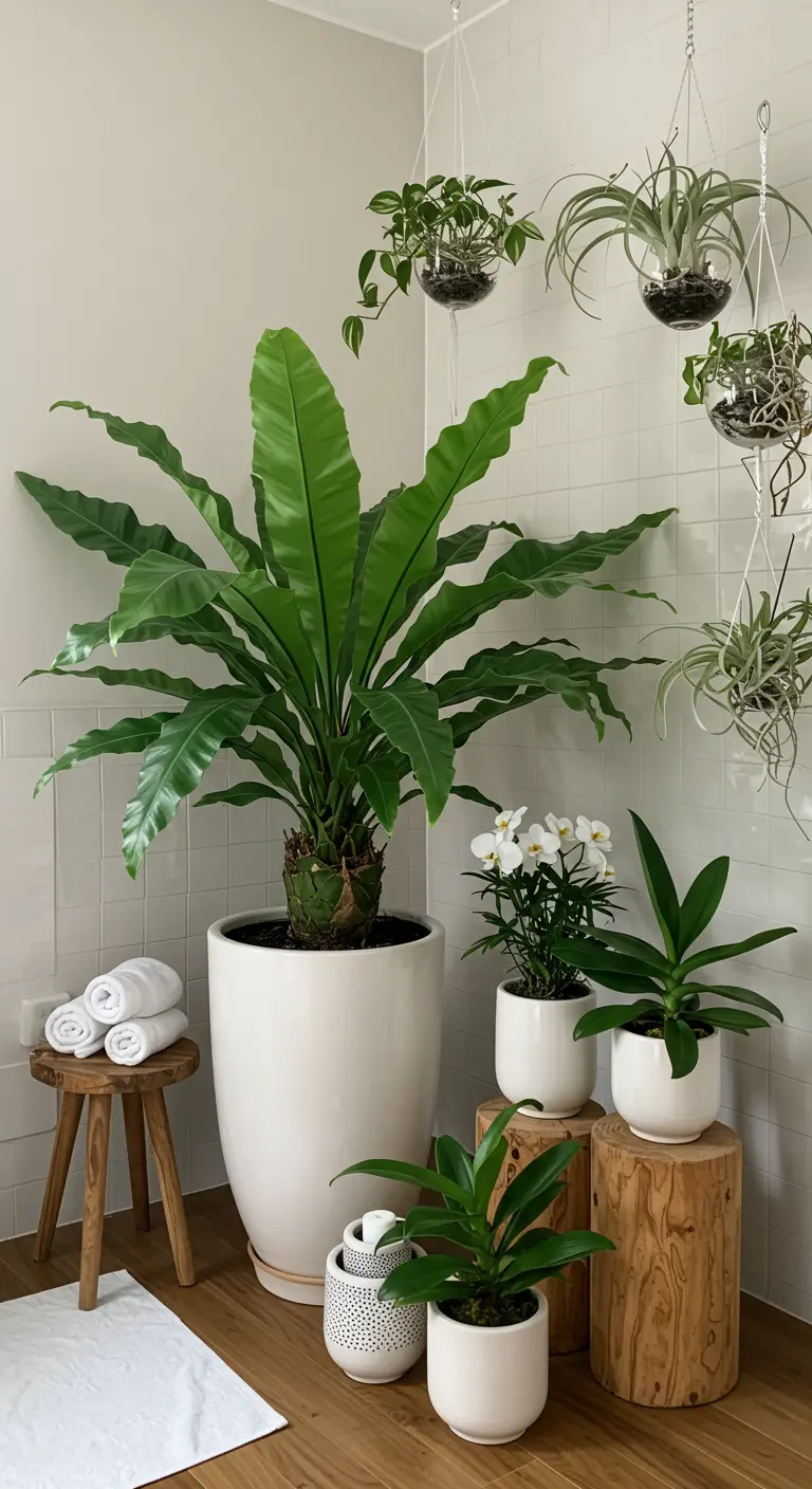 Salle de bain lumineuse avec grande fougère nid d'oiseau, orchidées, plantes aériennes.