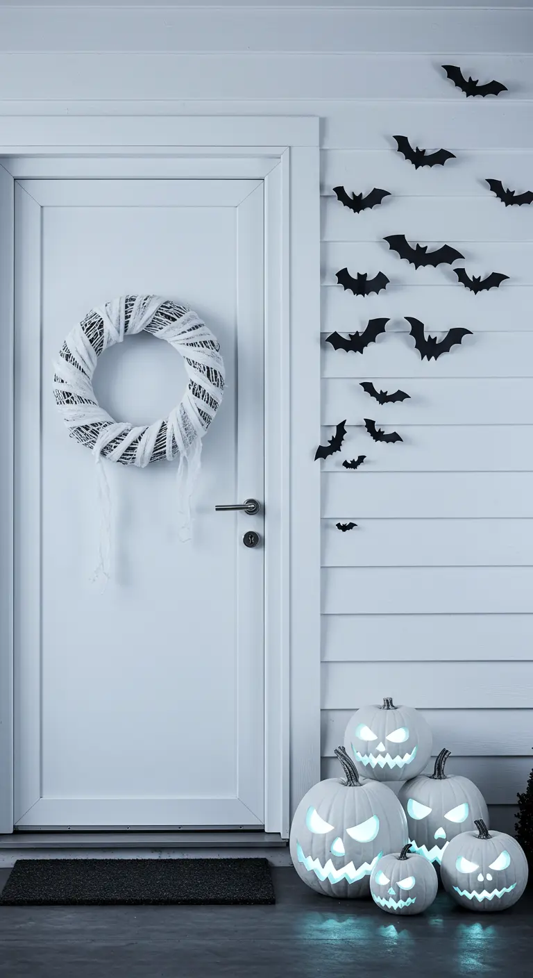 Décoration monochrome blanche avec une couronne momie, des citrouilles blanches et des chauves-souris noires.