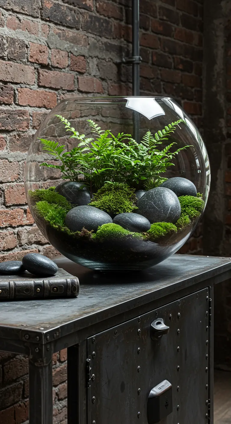 Terrarium sphérique avec fougères, mousse et grosses pierres noires sur une commode métallique sombre devant un mur de briques.
