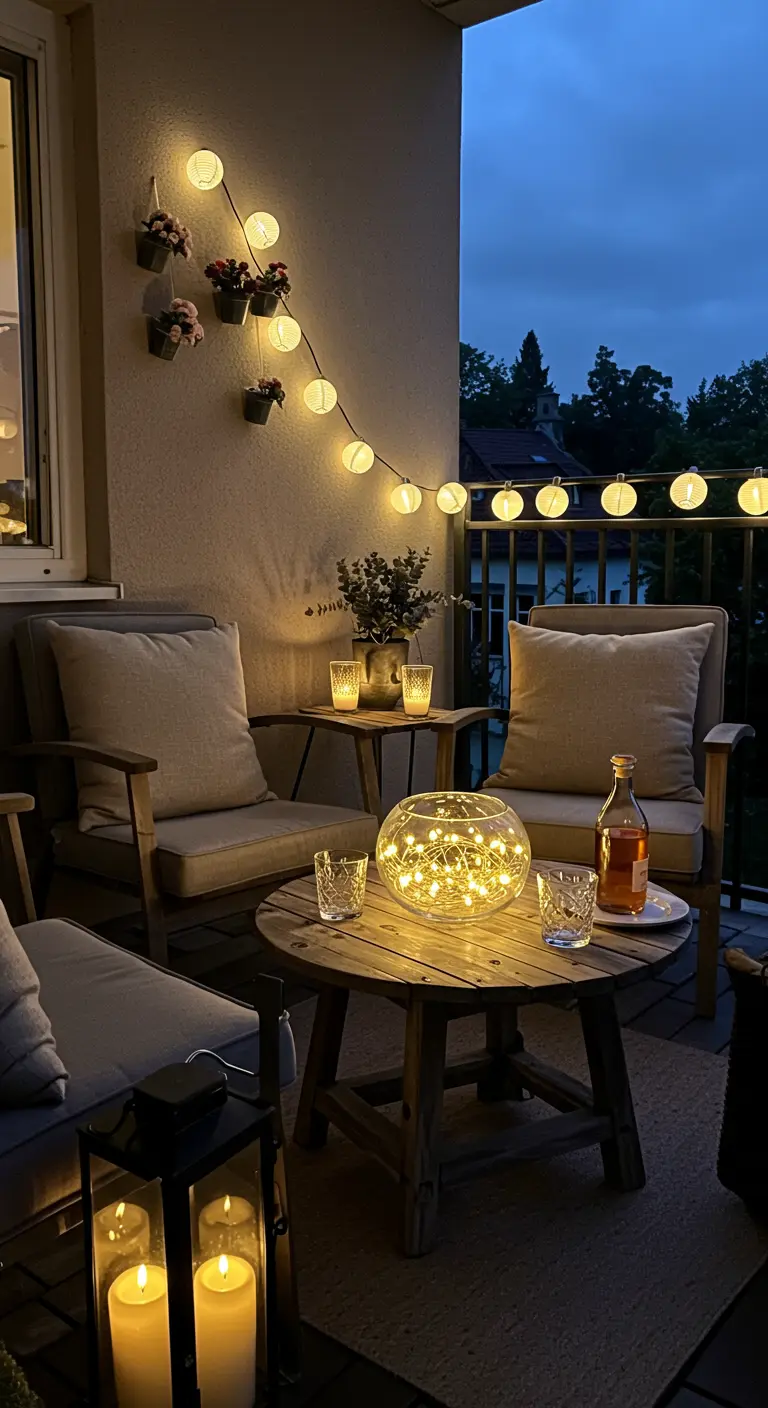 Balcon moderne avec des fauteuils et une table basse surmontée d'une boule lumineuse.