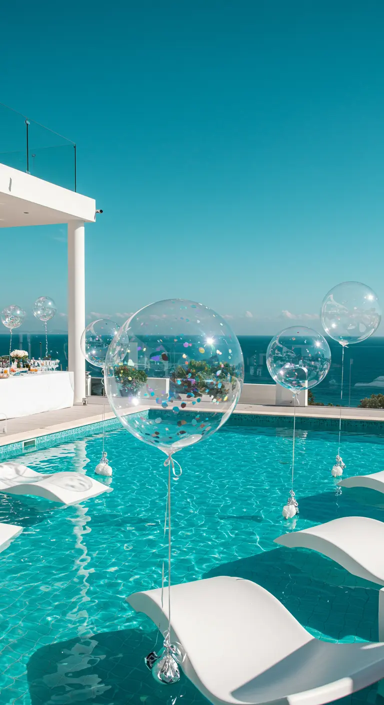 Ballons transparents remplis de confettis flottant près d'une piscine bleu turquoise.