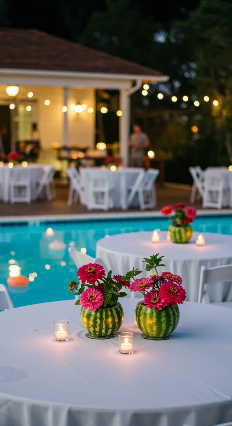 Fleurs roses dans des mini-pastèques servant de vases au bord d'une piscine.