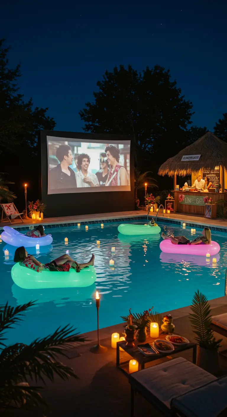 Cinéma dans une piscine avec des gens sur des bouées, un bar tiki et des lumières d'ambiance.