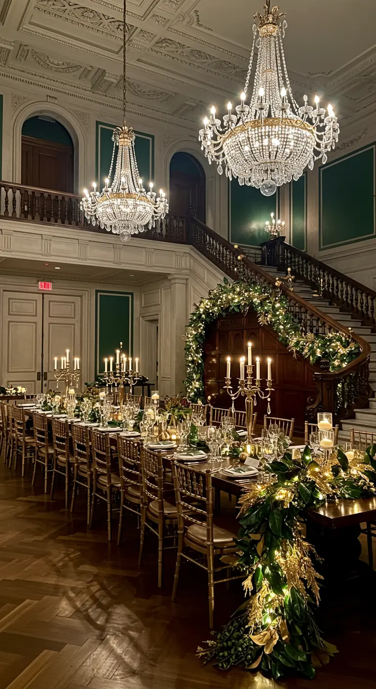 Grand escalier et table de réception décorés de guirlandes vertes lumineuses et dorées.