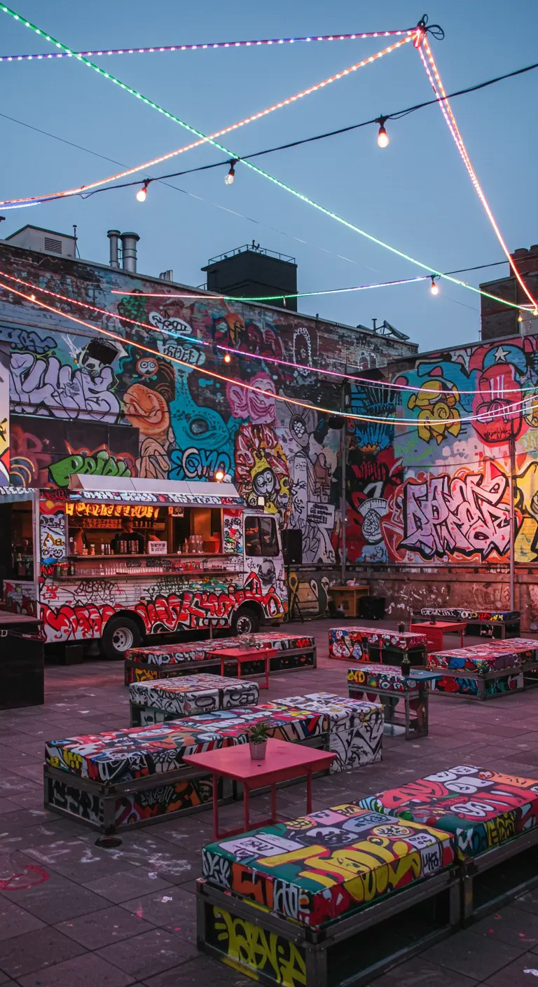 Rooftop festival urbain avec murs graffitis, food truck, guirlandes multicolores et mobilier pop art.