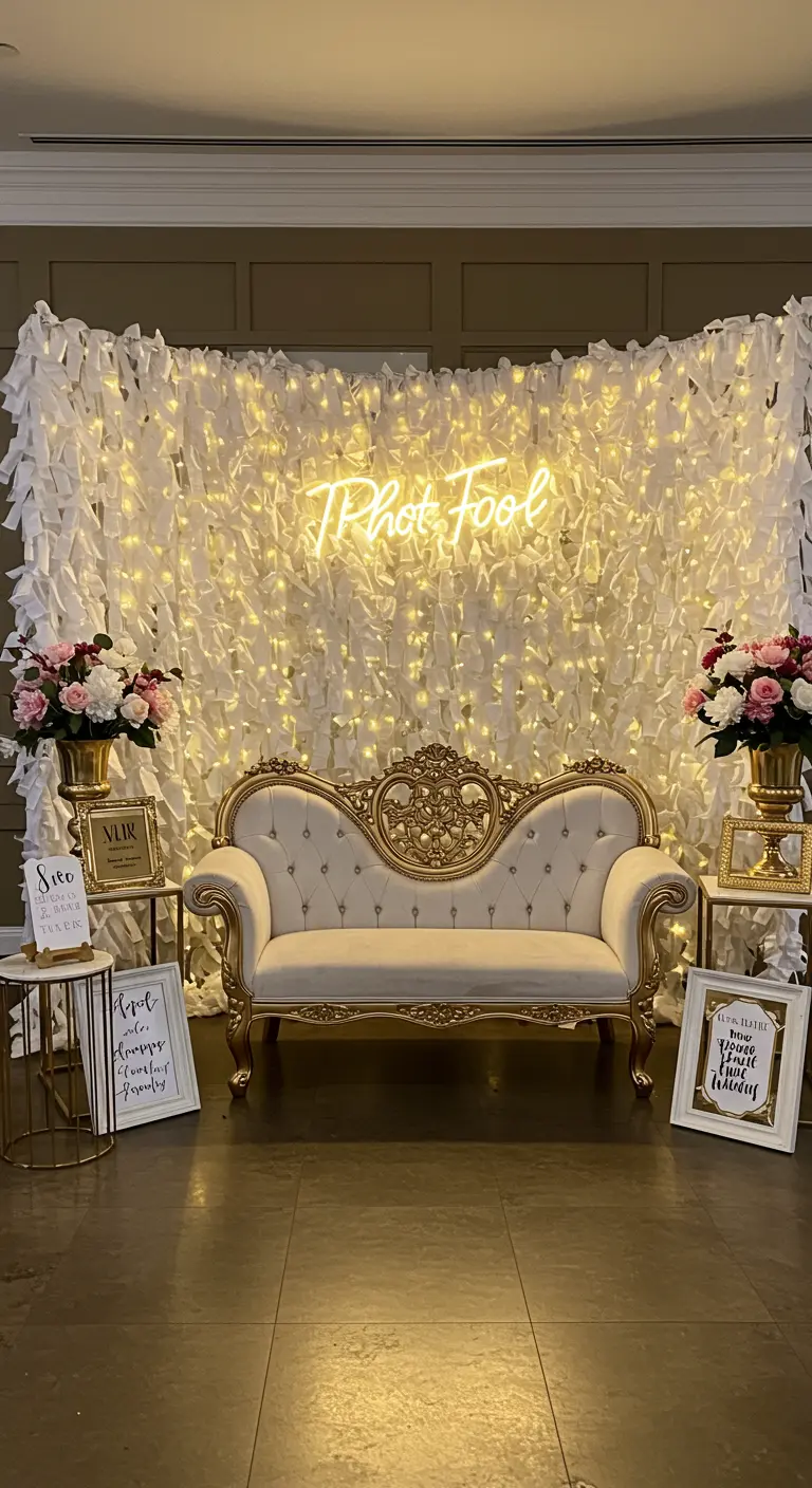 Coin photobooth avec un canapé baroque doré devant un mur de tissu blanc et de lumières.