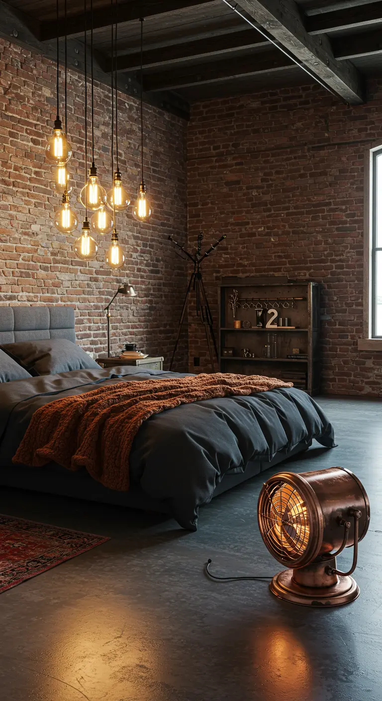 Chambre loft industriel avec mur de briques et chauffage d'appoint cuivré.