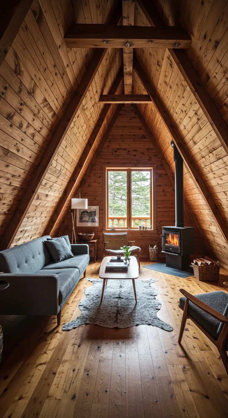Intérieur d'un chalet en A avec murs en bois et mobilier de style milieu de siècle.