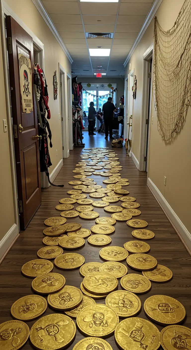 Un chemin de grandes pièces d'or en plastique posé sur un parquet