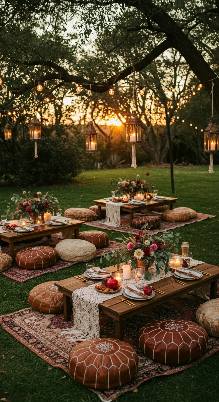Dîner en plein air au coucher du soleil avec tables basses, poufs et lanternes.