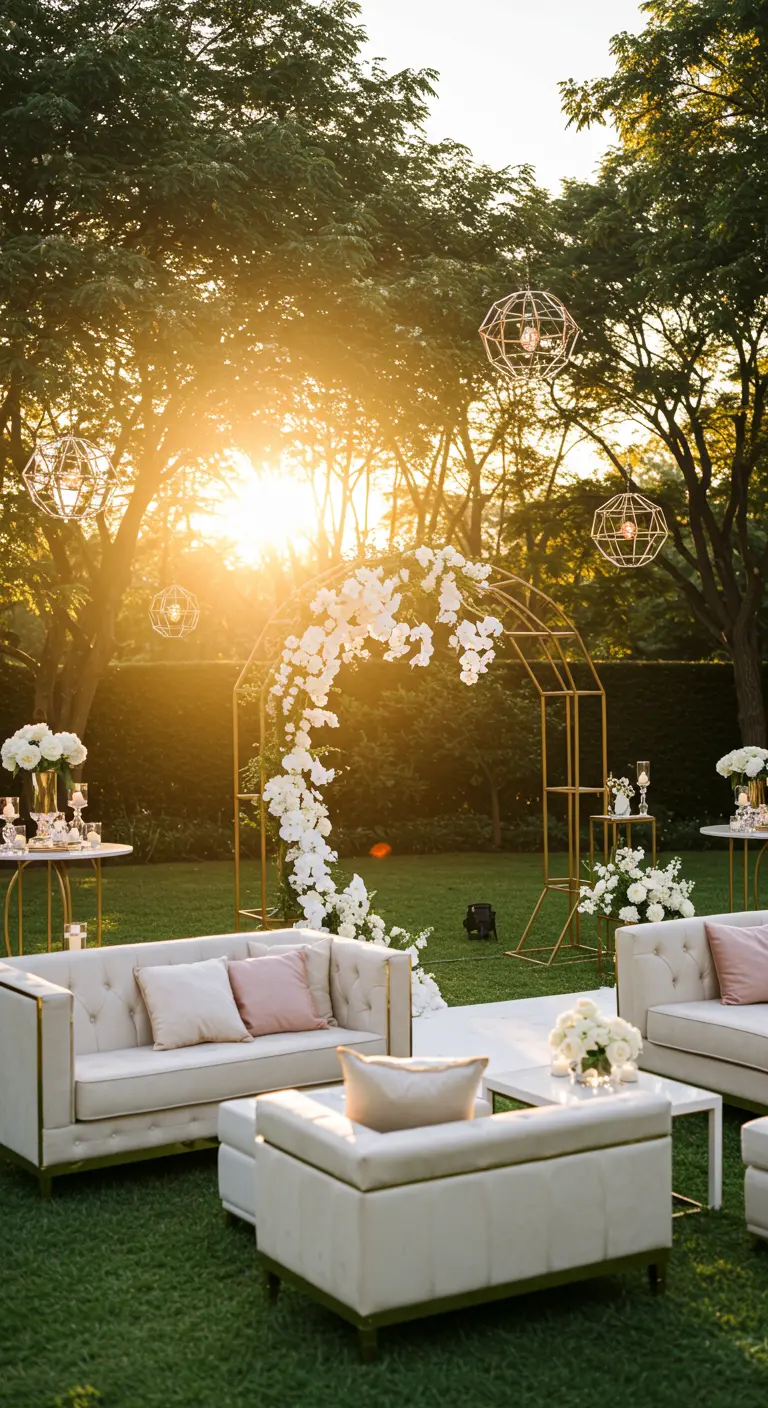 Salon de jardin chic avec une arche dorée et des orchidées blanches au coucher du soleil.