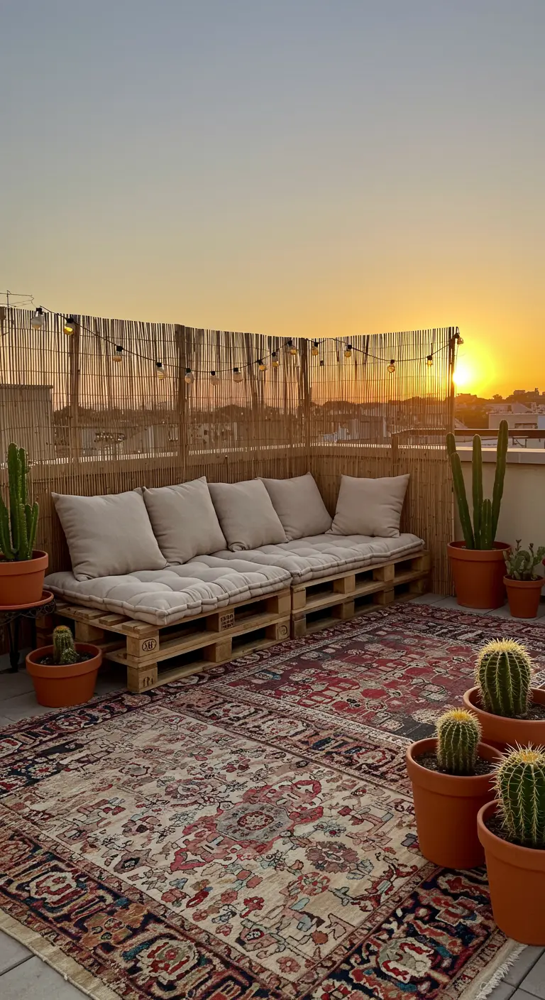 Terrasse sur le toit avec canapé en palettes, tapis persan et cactus au coucher du soleil.