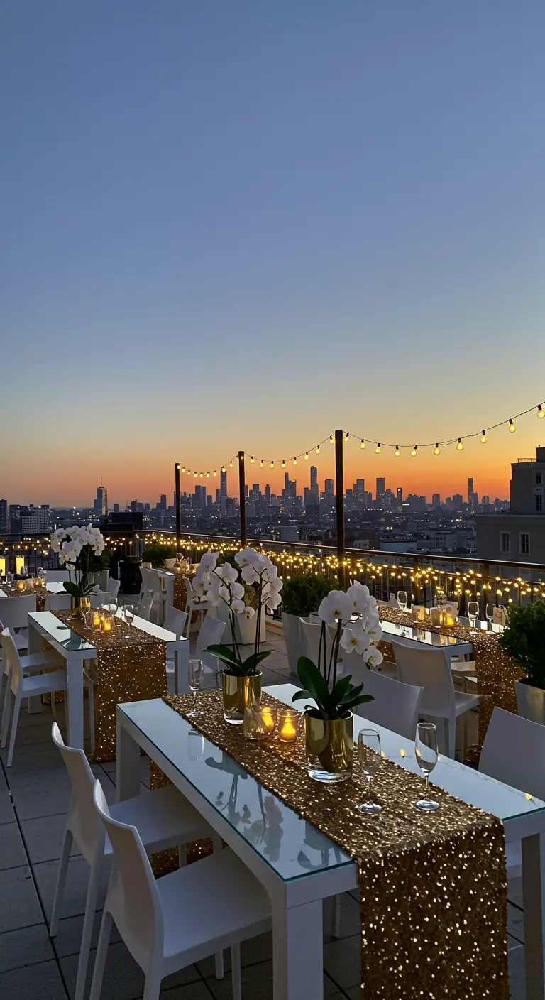 Tables de réception blanches sur un rooftop au crépuscule, avec chemins de table à sequins dorés.