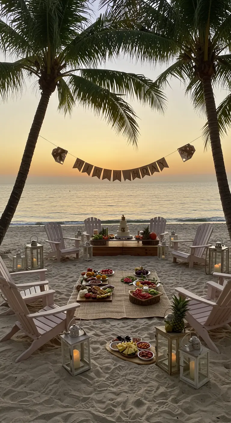 Fête d'anniversaire sur une plage au coucher du soleil avec des chaises et des lanternes.