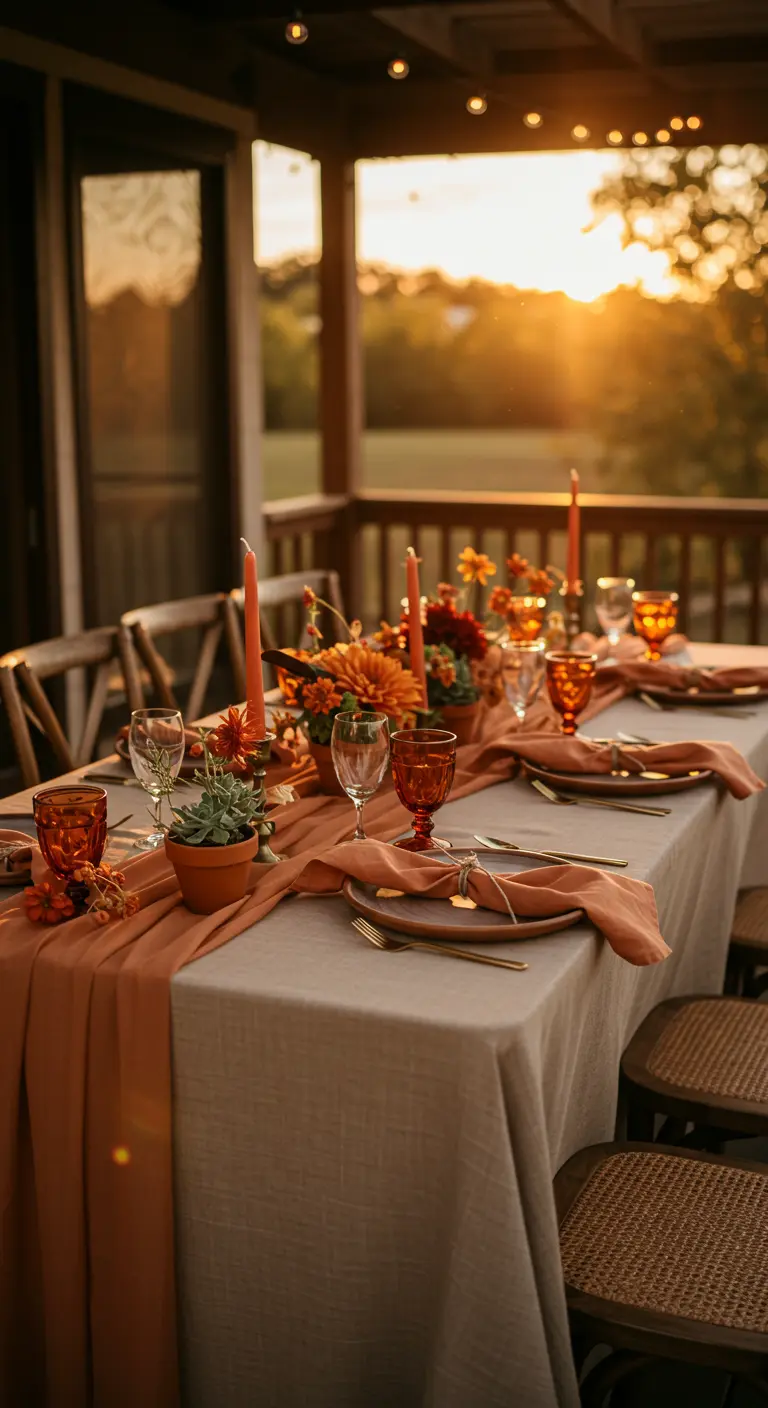 Table sur un balcon au coucher du soleil, avec une nappe et des bougies couleur terracotta.