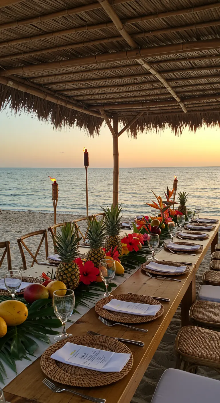 Table de mariage sur la plage au coucher du soleil, décorée de fruits tropicaux.