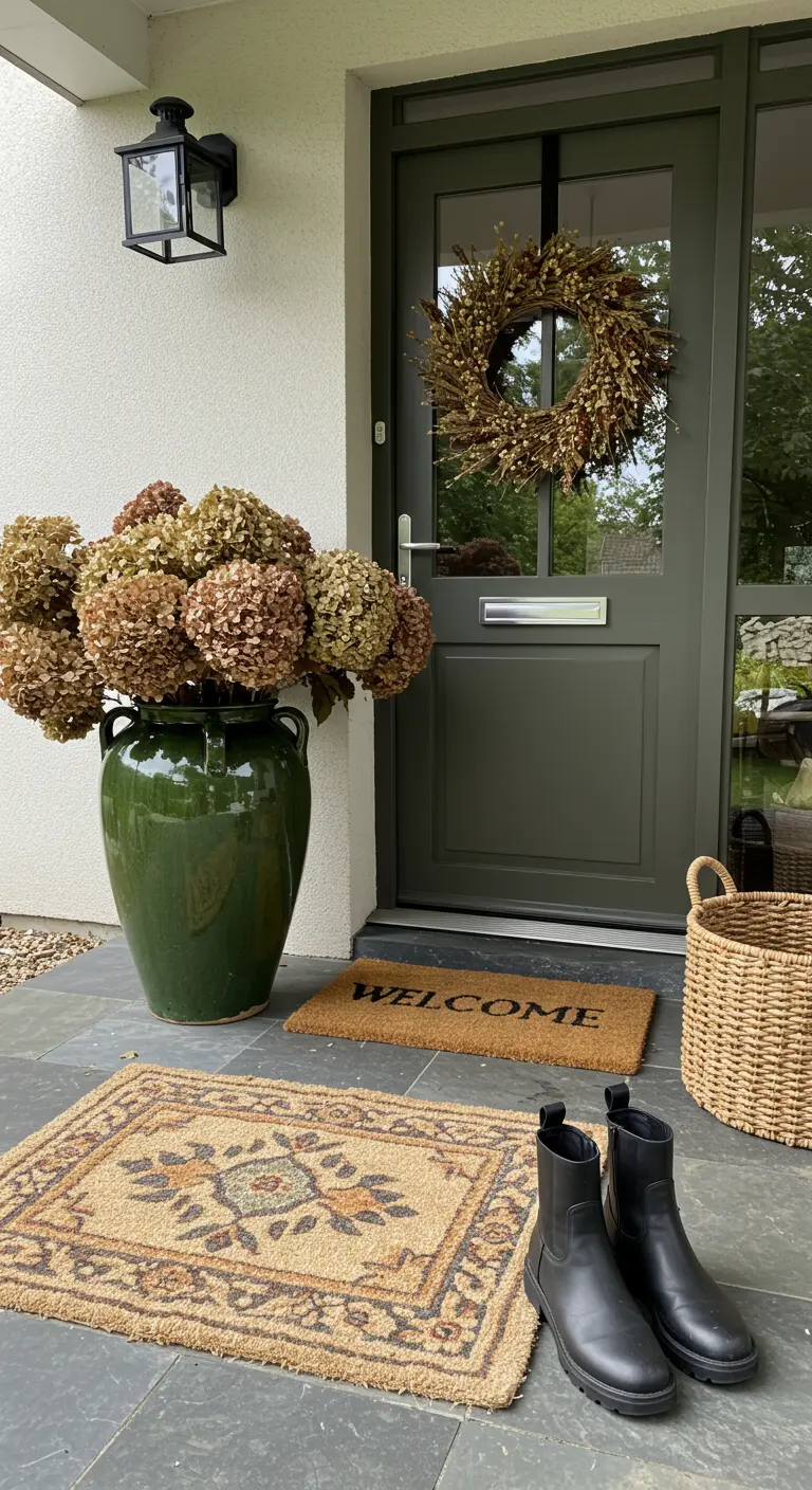 Entrée avec porte verte, vase en céramique verte et paillassons superposés.