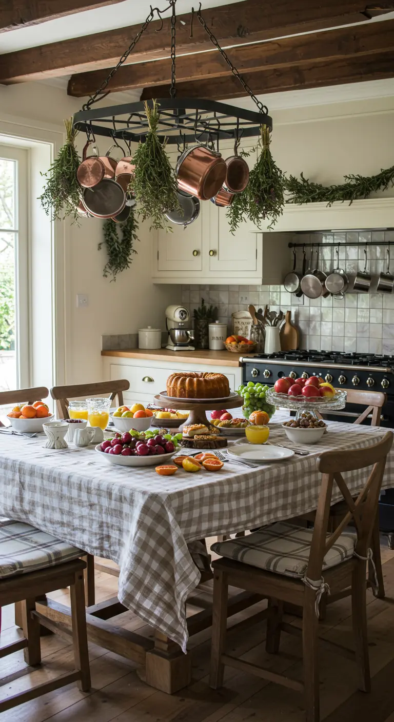 Table de cuisine rustique avec des herbes aromatiques suspendues à un support en métal.