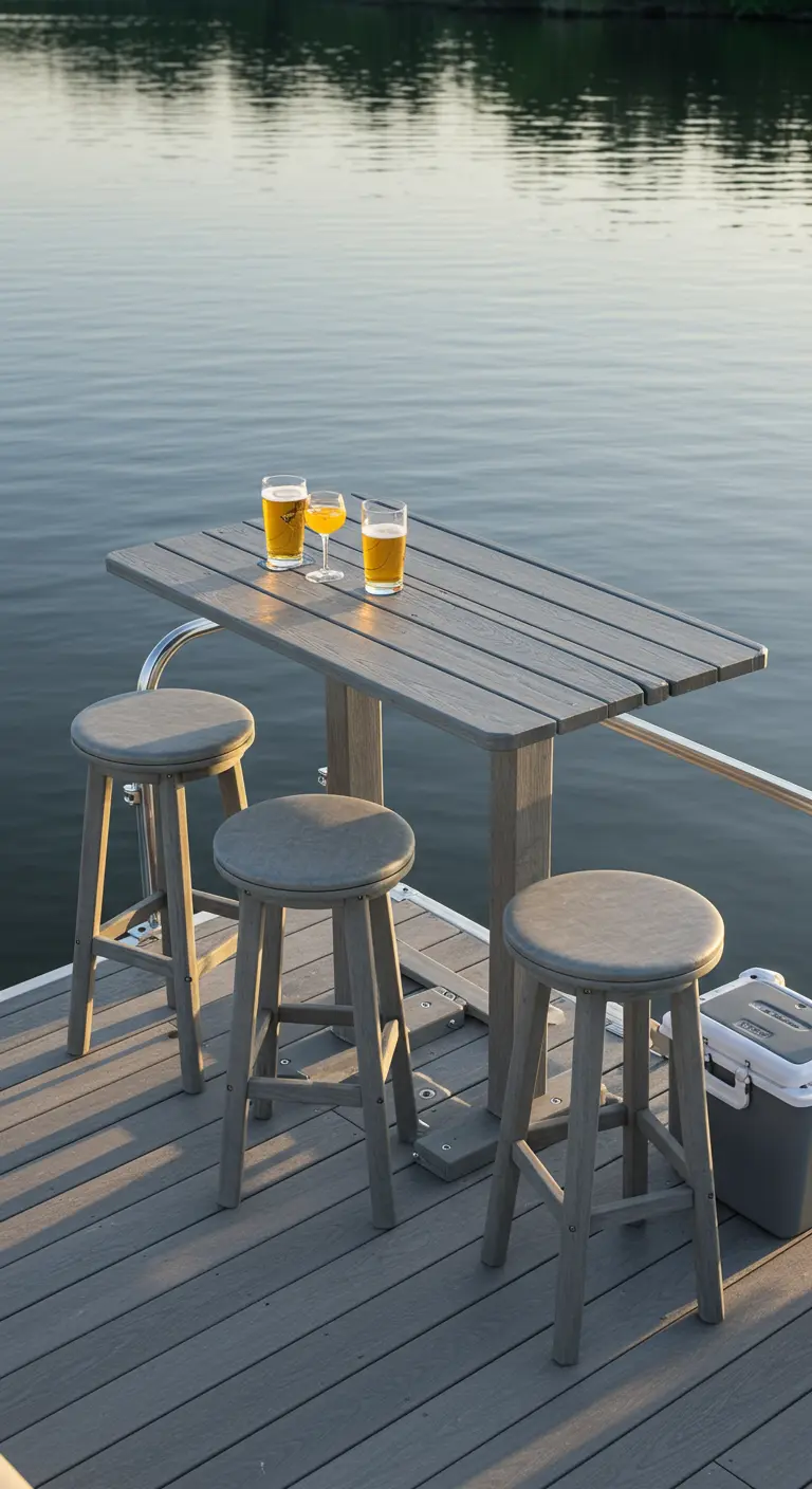 Table de bar grise fixée à la rambarde d'un quai au bord de l'eau.