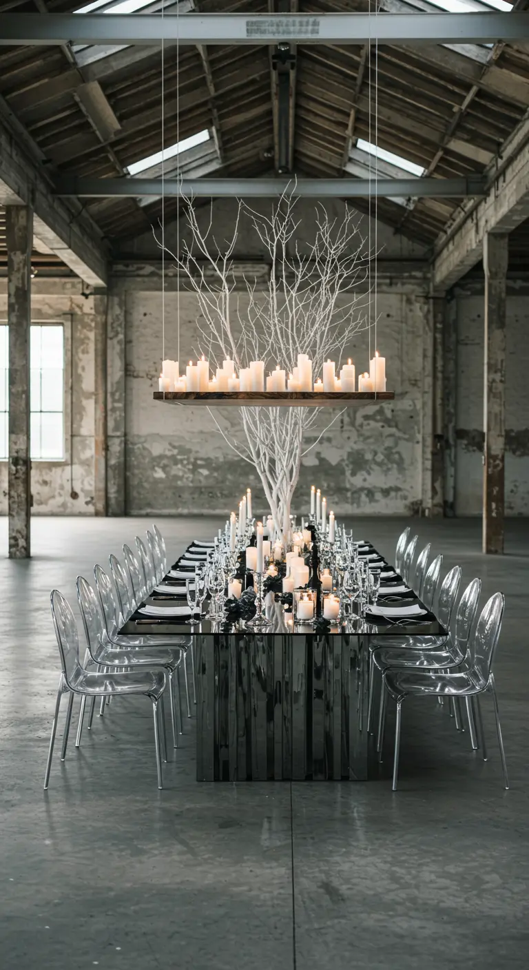 Table de mariage noire dans un loft avec une installation de bougies suspendue au-dessus.