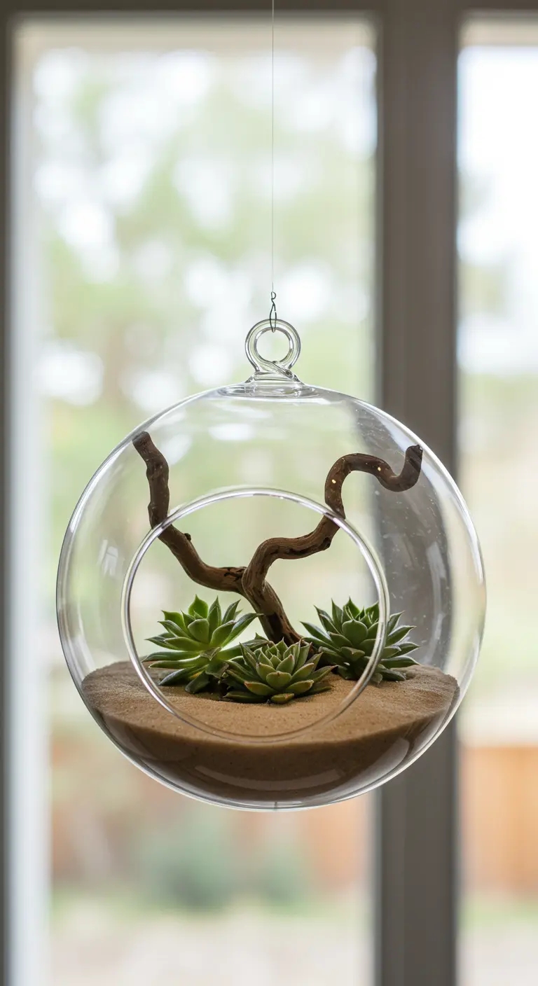 Terrarium sphérique suspendu avec trois succulentes, sable et bois flotté.