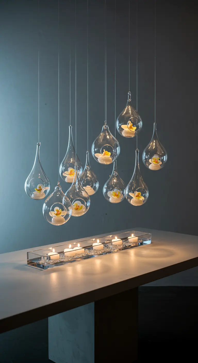 Vases suspendus avec orchidées au-dessus d'un centre de table avec bougies.