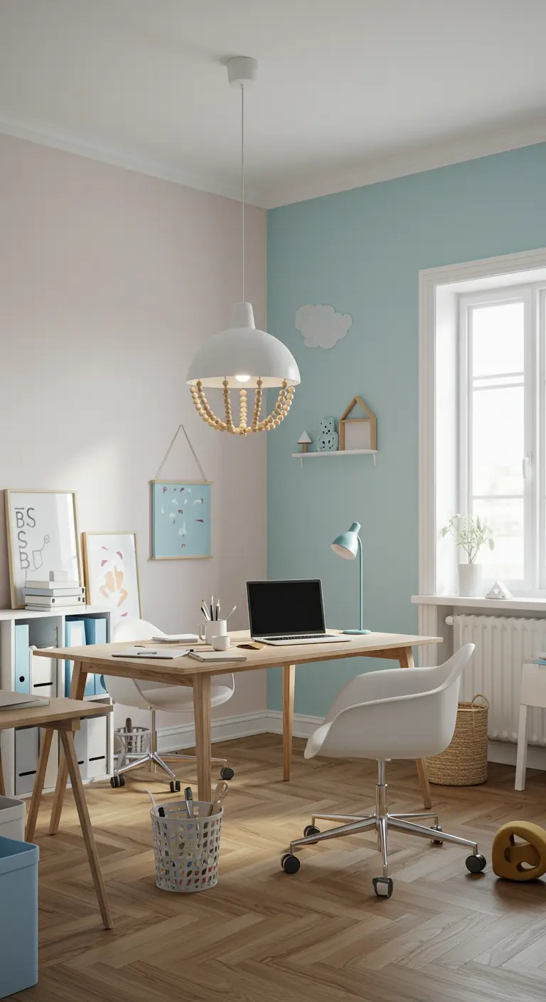 Suspension blanche customisée avec des perles de bois brut dans un bureau aux murs pastel