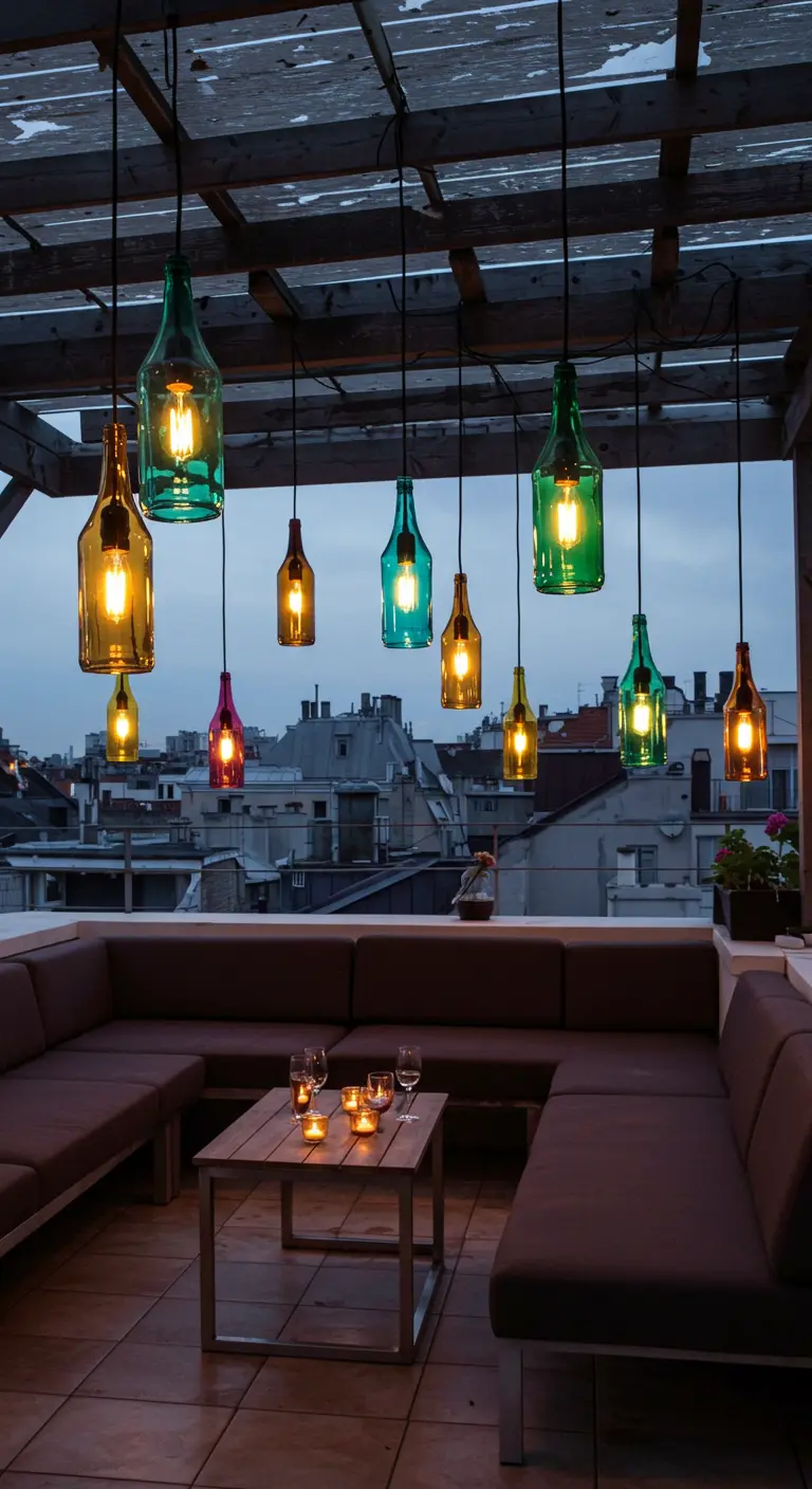 Plafonnier DIY fait de bouteilles en verre coloré suspendues au-dessus d'un salon de toit.