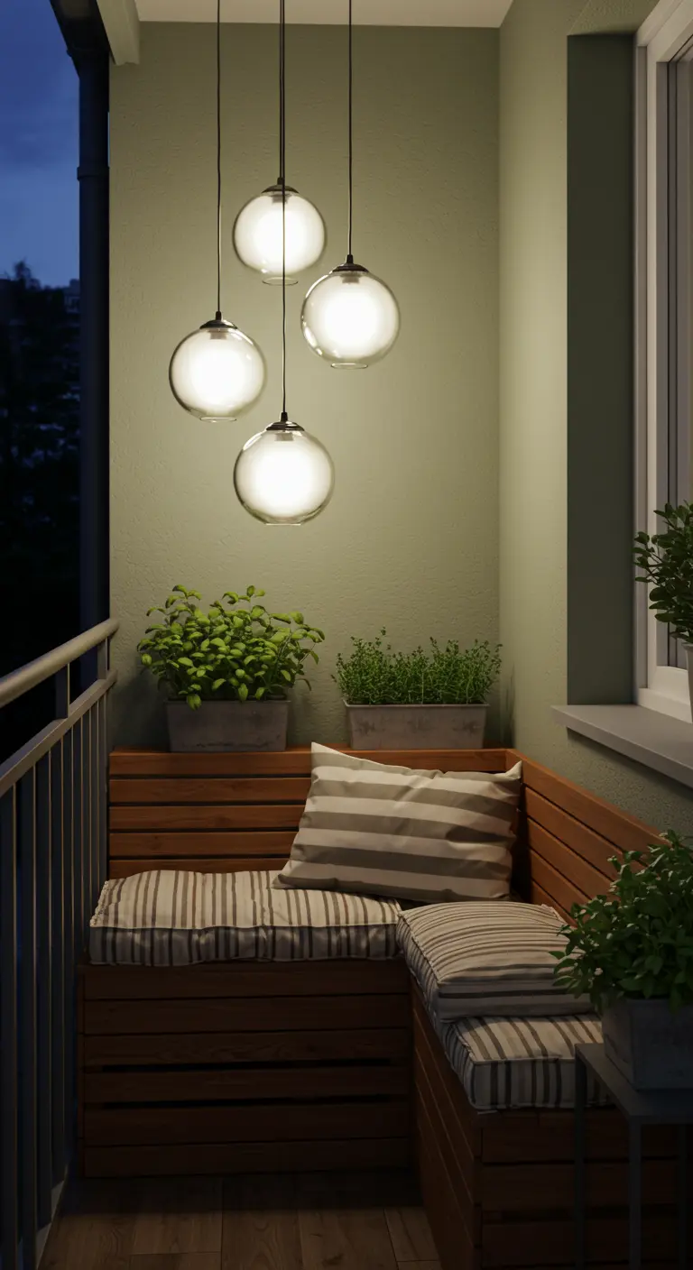 Petit balcon cosy avec suspensions lumineuses rondes, banc en bois et plantes aromatiques.