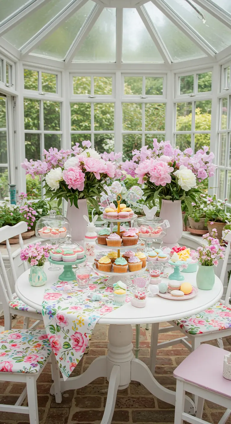 Table de Pâques pastel dans une véranda, chargée de fleurs roses et de pâtisseries colorées.