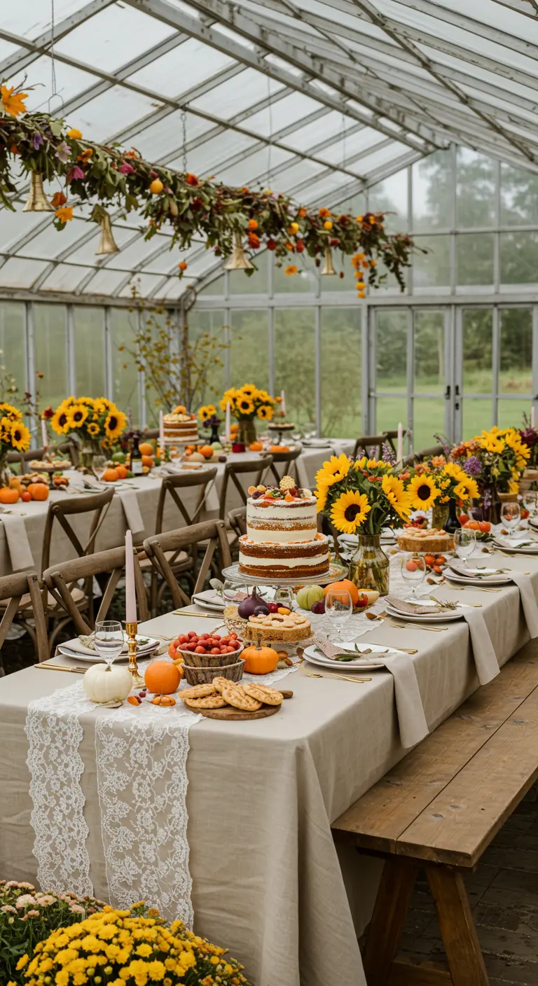 Dîner dans une serre avec tournesols, citrouilles, chemins de table et gâteaux d'anniversaire.