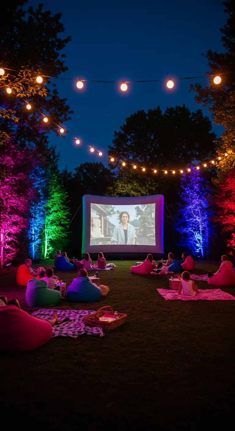 Grand jardin avec un écran gonflable et des arbres illuminés de différentes couleurs.